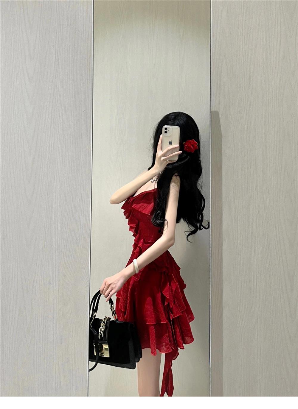 Cute A line Spaghetti Straps Red Short Ruffles Skirt Birthday Dresses Birthday Outfits
