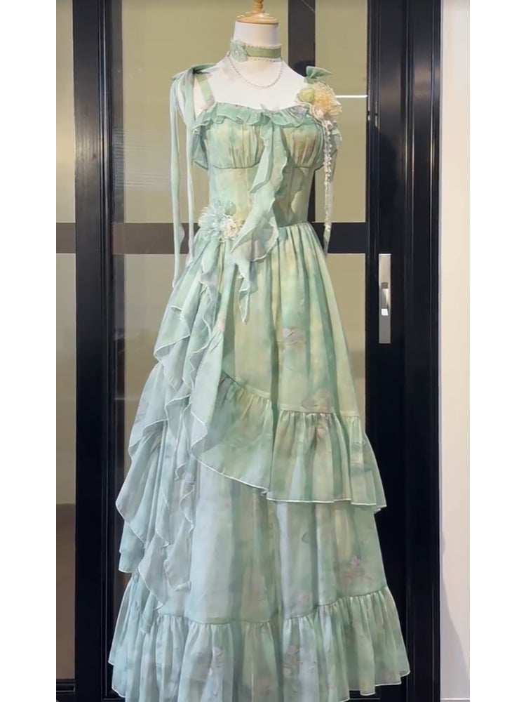 Vintage A line Spaghetti Straps Green Floral Long Birthday Dresses Prom Dress Birthday Outfits