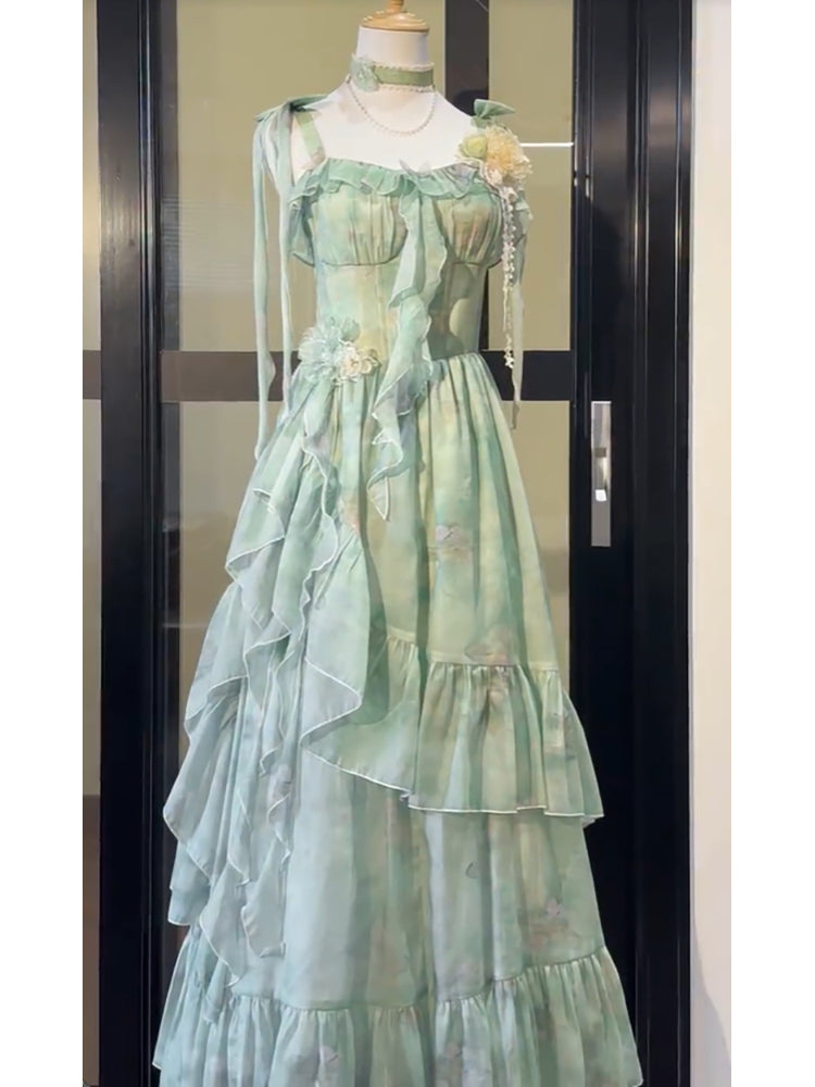 Vintage A line Spaghetti Straps Green Floral Long Birthday Dresses Prom Dress Birthday Outfits