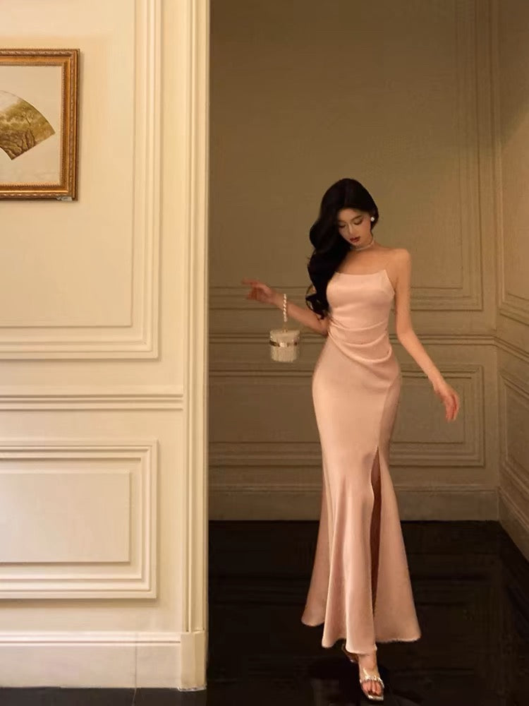 Classy Sheath Spaghetti Straps Pink Satin Prom Dresses Birthday Outfits Evening Gown