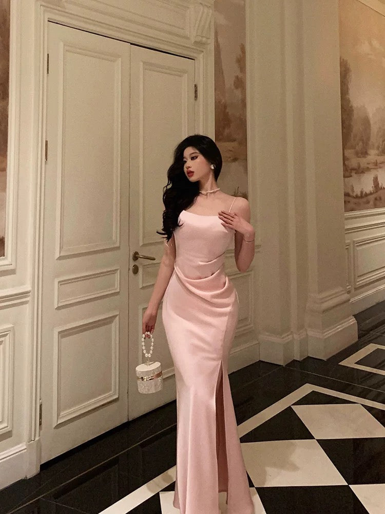 Classy Sheath Spaghetti Straps Pink Satin Prom Dresses Birthday Outfits Evening Gown