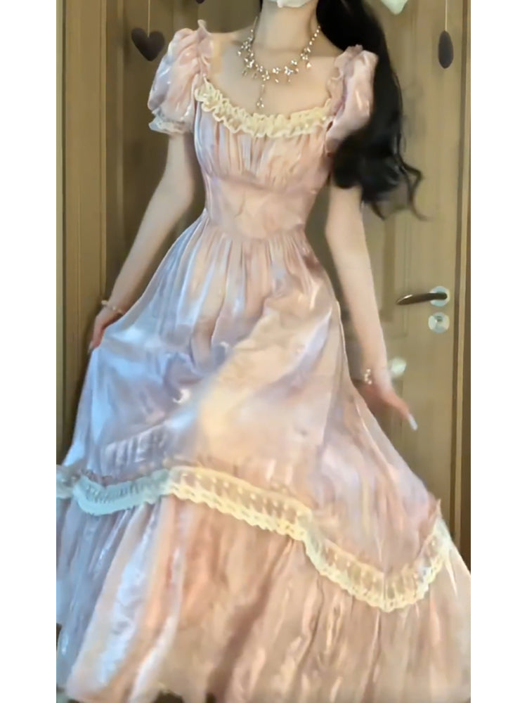 Cute A line Square Neckline Pink Lace Long Prom Dresses Night Dress Birthday Outfits