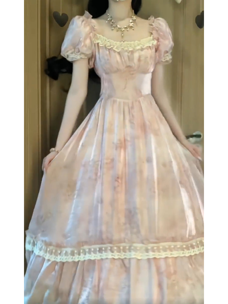 Cute A line Square Neckline Pink Lace Long Prom Dresses Night Dress Birthday Outfits