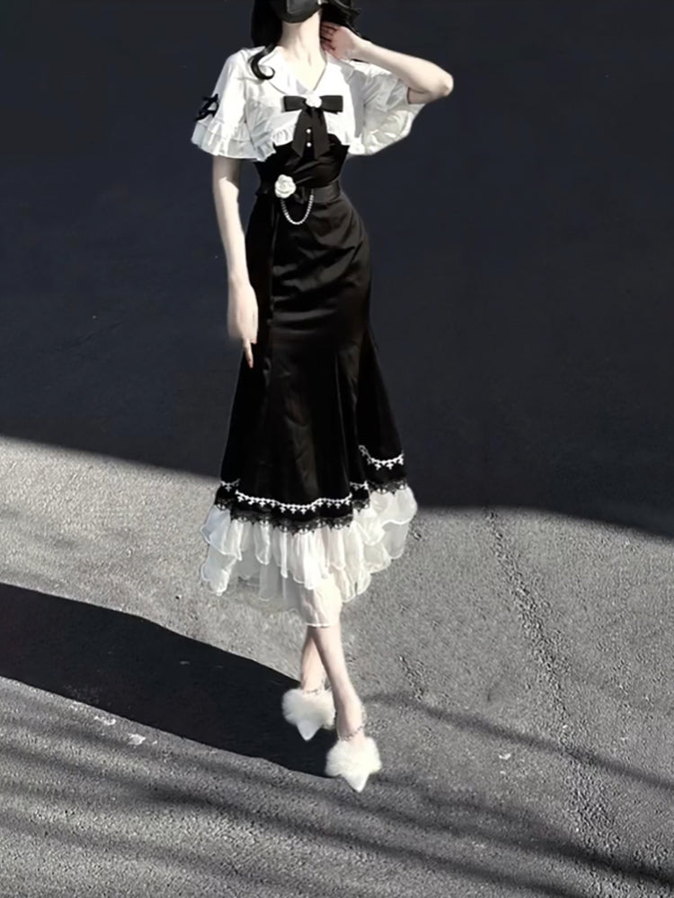 Princess A line Black Satin Long Prom Dresses Night Lolita Dress Birthday Outfits