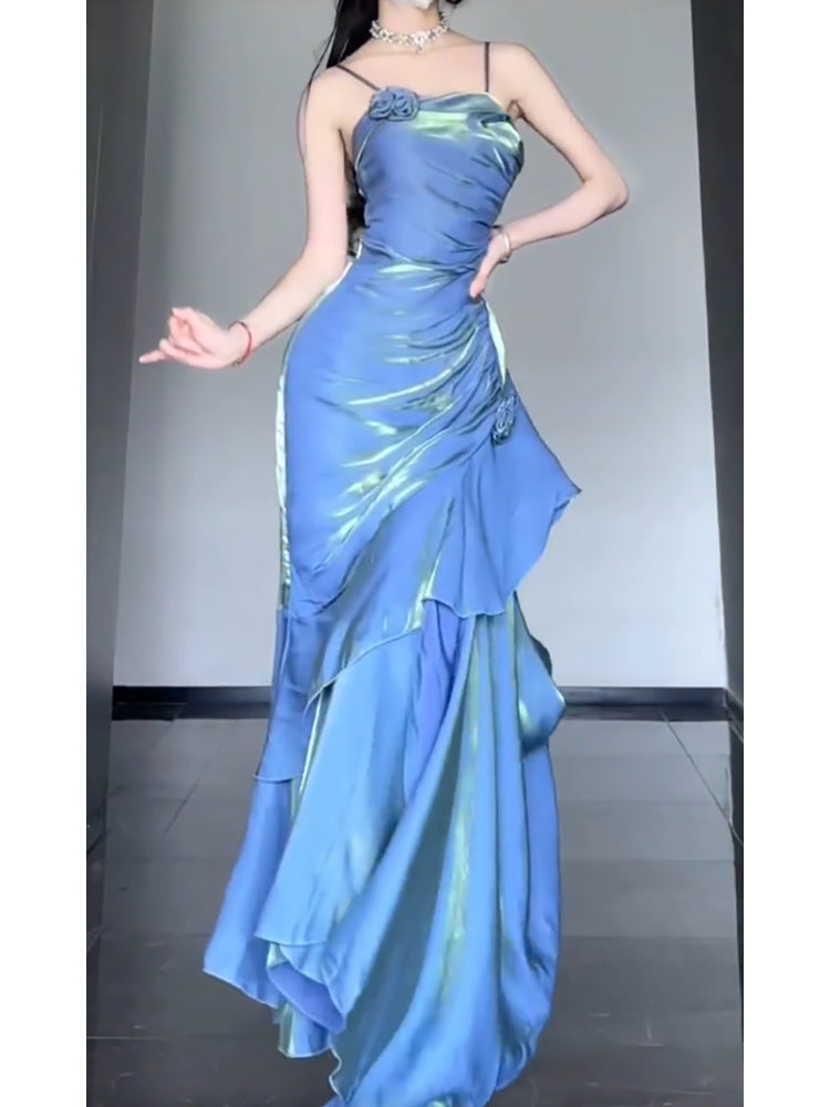 Sexy Mermaid Spaghetti Straps Blue Long Prom Dresses Night Dress Birthday Outfits