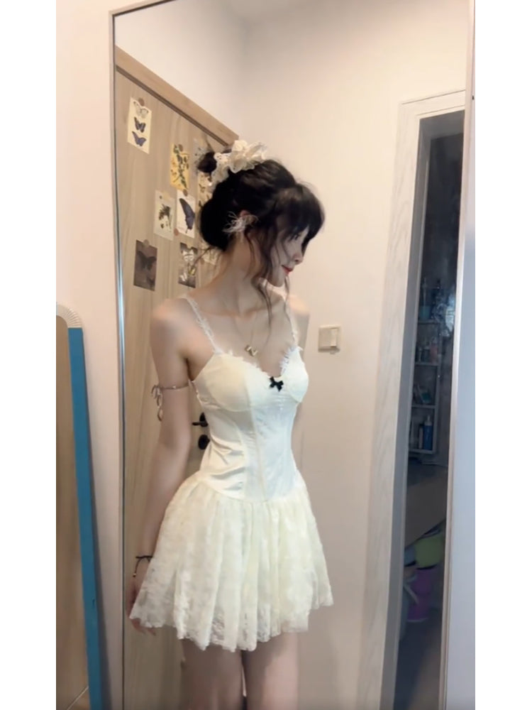 Cute A line Spaghetti Straps White Lace Short 2 Pieces Dresses Party Dress Birthday Outfits