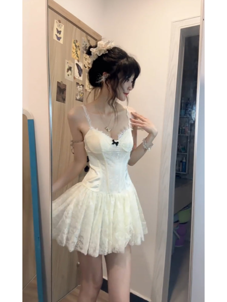 Cute A line Spaghetti Straps White Lace Short 2 Pieces Dresses Party Dress Birthday Outfits
