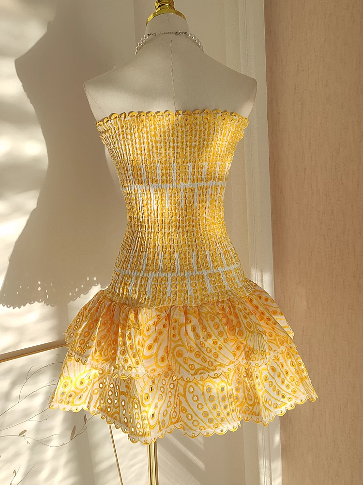 Cute Sheath Strapless Yellow Lace Vacation Dress Short Birthday Dresses