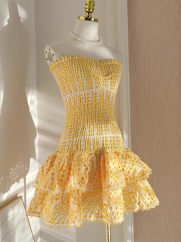 Cute Sheath Strapless Yellow Lace Vacation Dress Short Birthday Dresses