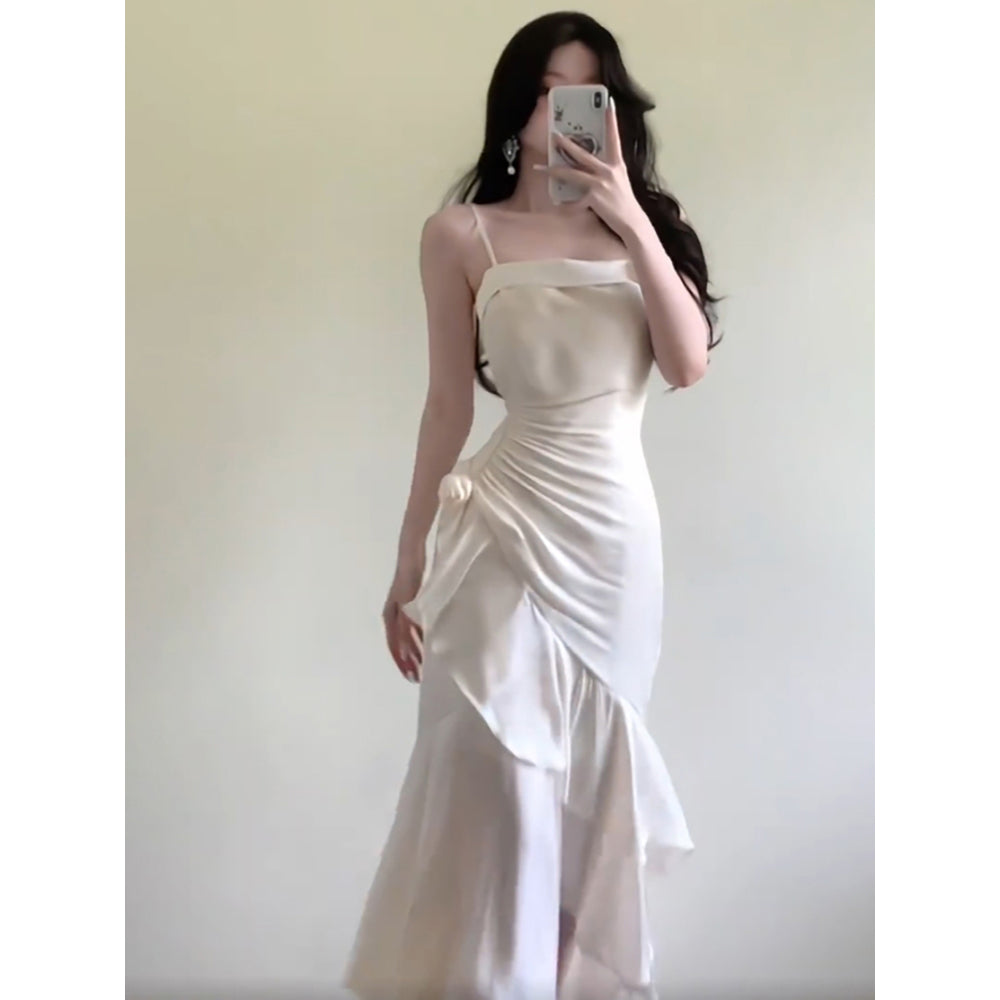 Sexy Mermaid Spaghetti Straps White Long Prom Dresses Night Dress Birthday Outfits