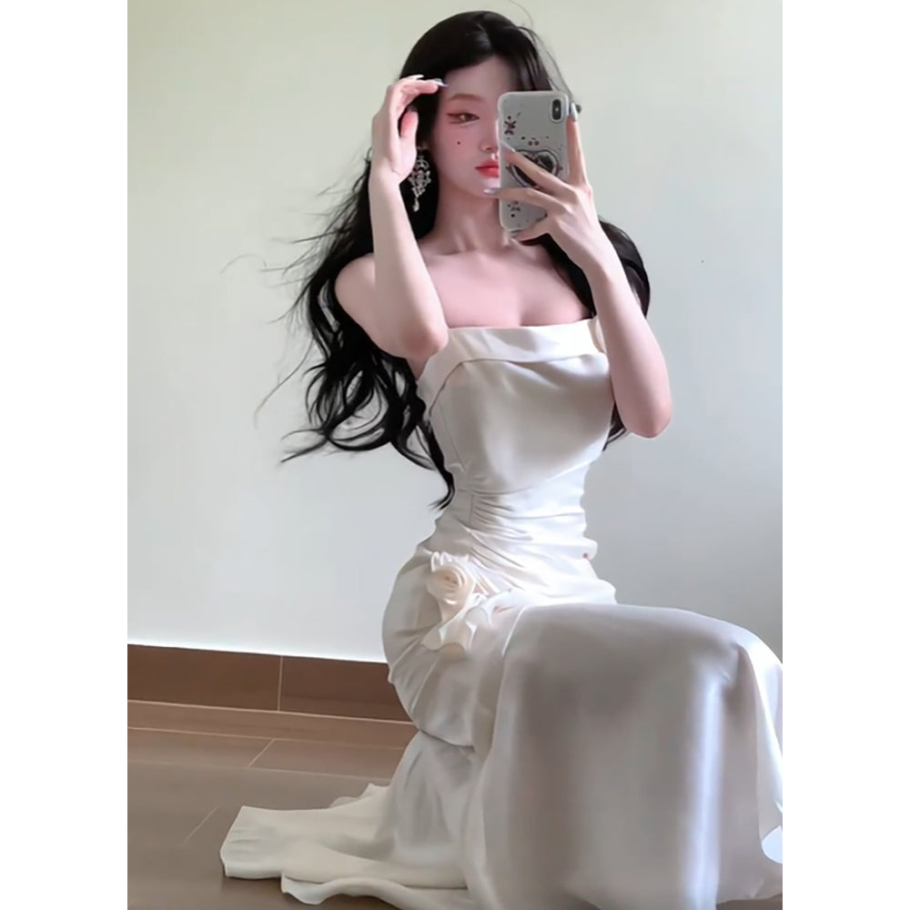Sexy Mermaid Spaghetti Straps White Long Prom Dresses Night Dress Birthday Outfits
