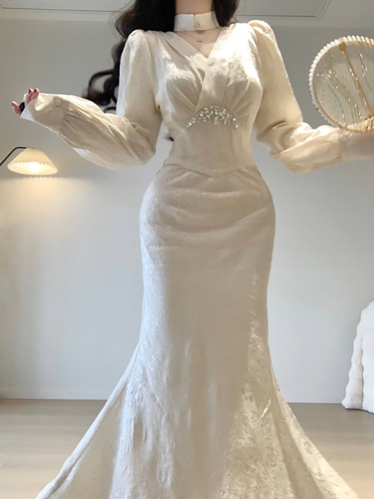 Sexy Mermaid V Neckline Long Sleeves White Prom Dresses Night Dress Birthday Outfits