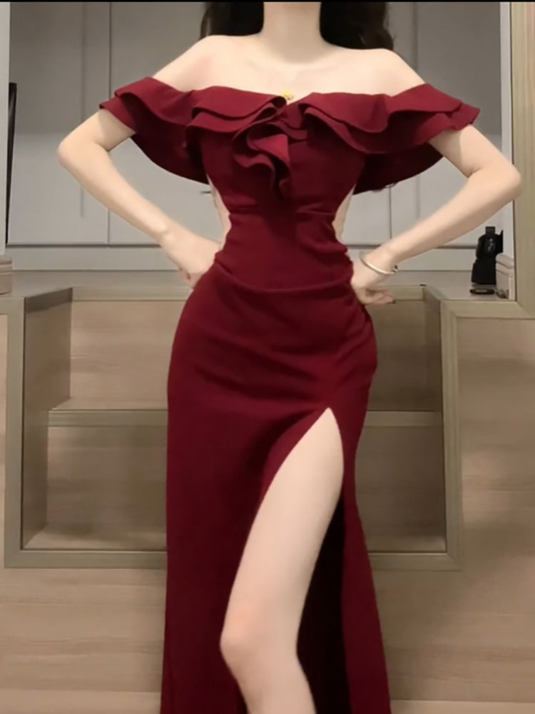 Sexy Sheath Off The Shoulder Burgundy Slit Holiday Prom Dresses Night Dress Birthday Outfits