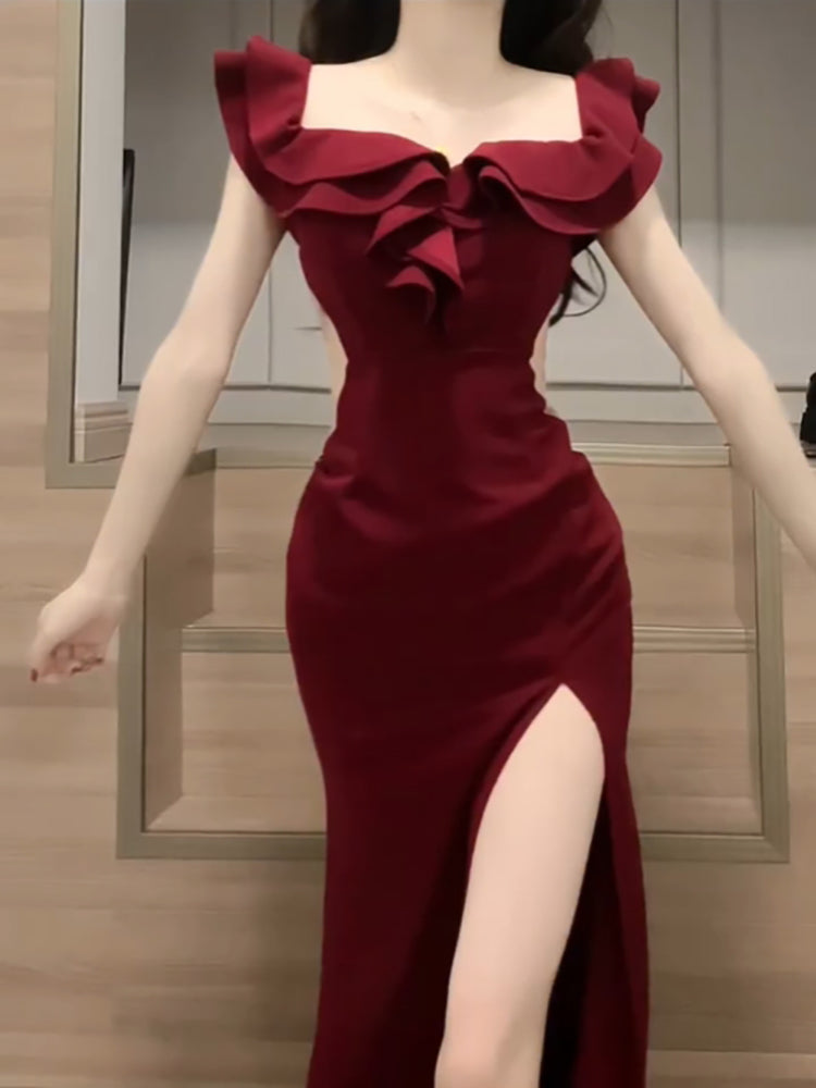 Sexy Sheath Off The Shoulder Burgundy Slit Holiday Prom Dresses Night Dress Birthday Outfits
