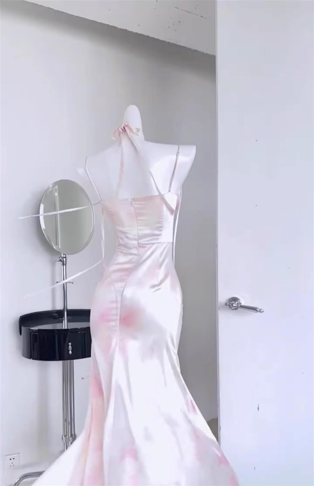 Sexy Mermaid Spaghetti Straps Pink Satin Prom Dresses Night Dress Birthday Outfits