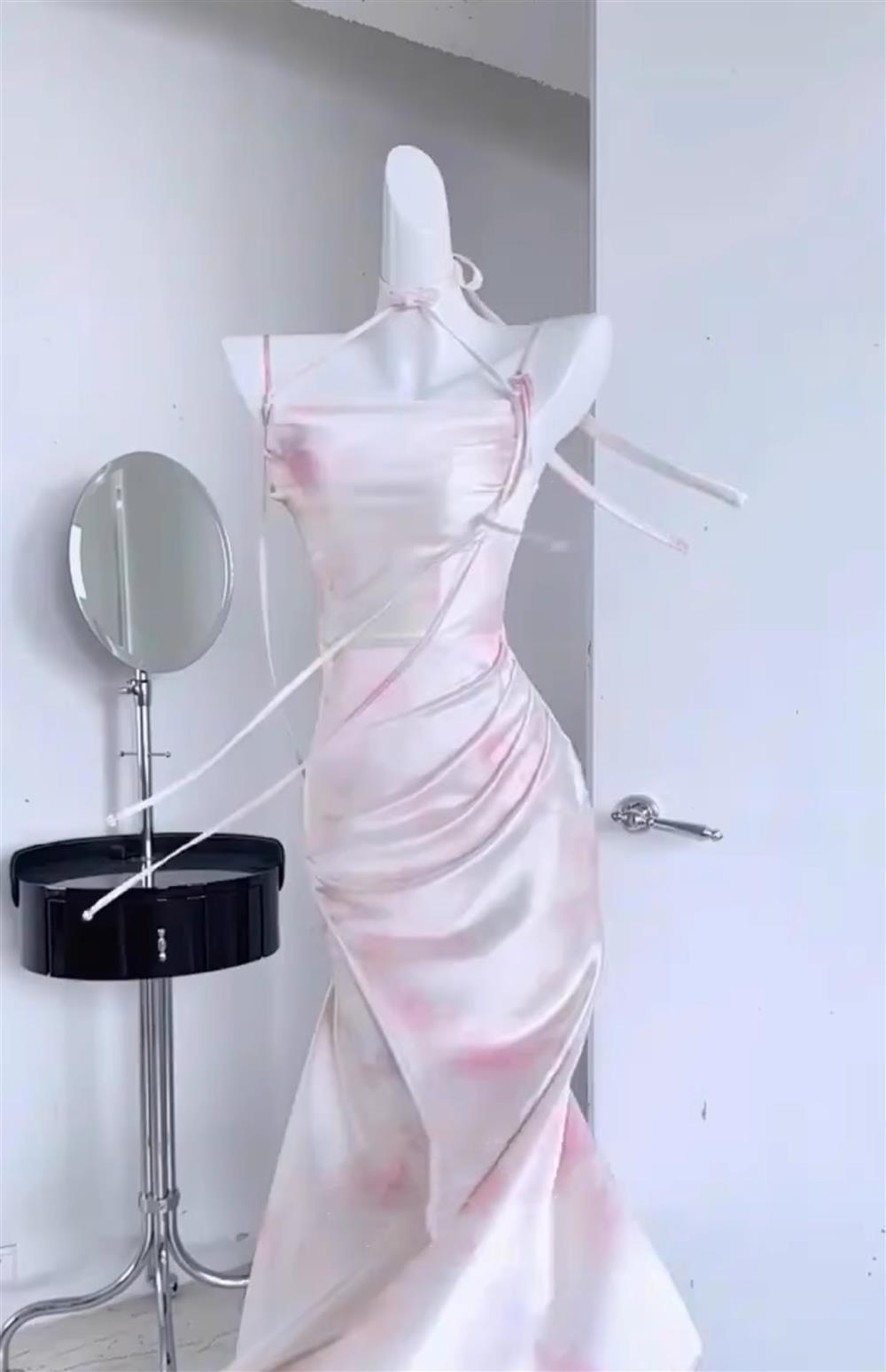 Sexy Mermaid Spaghetti Straps Pink Satin Prom Dresses Night Dress Birthday Outfits
