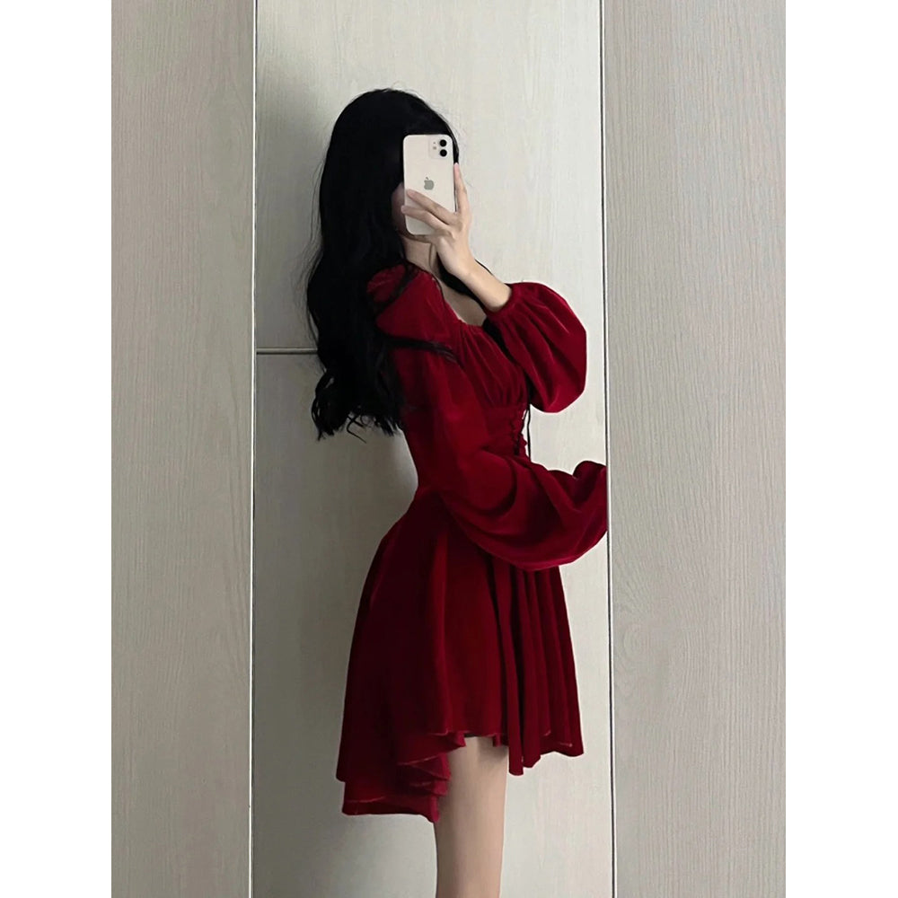 Chic A line Square Neckline Long Sleeves Red Velvet Party Dress Birthday Dresses Birthday Outfits