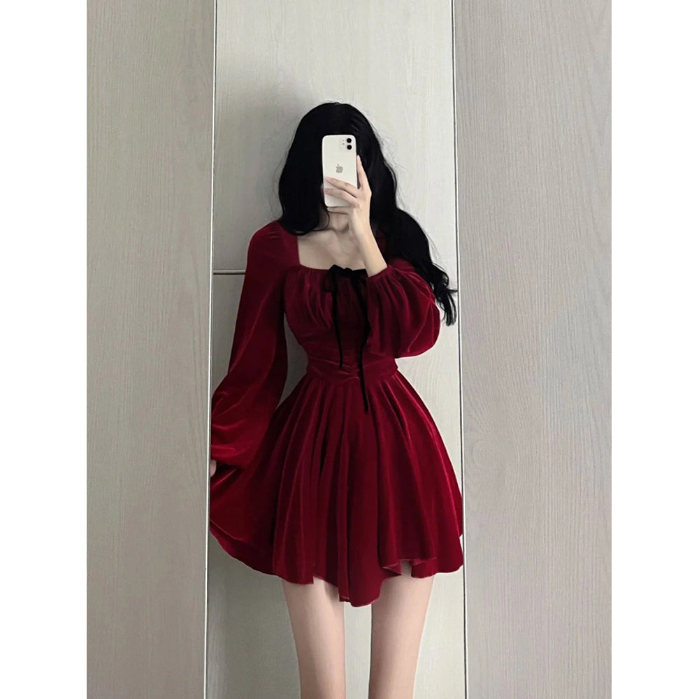 Chic A line Square Neckline Long Sleeves Red Velvet Party Dress Birthday Dresses Birthday Outfits