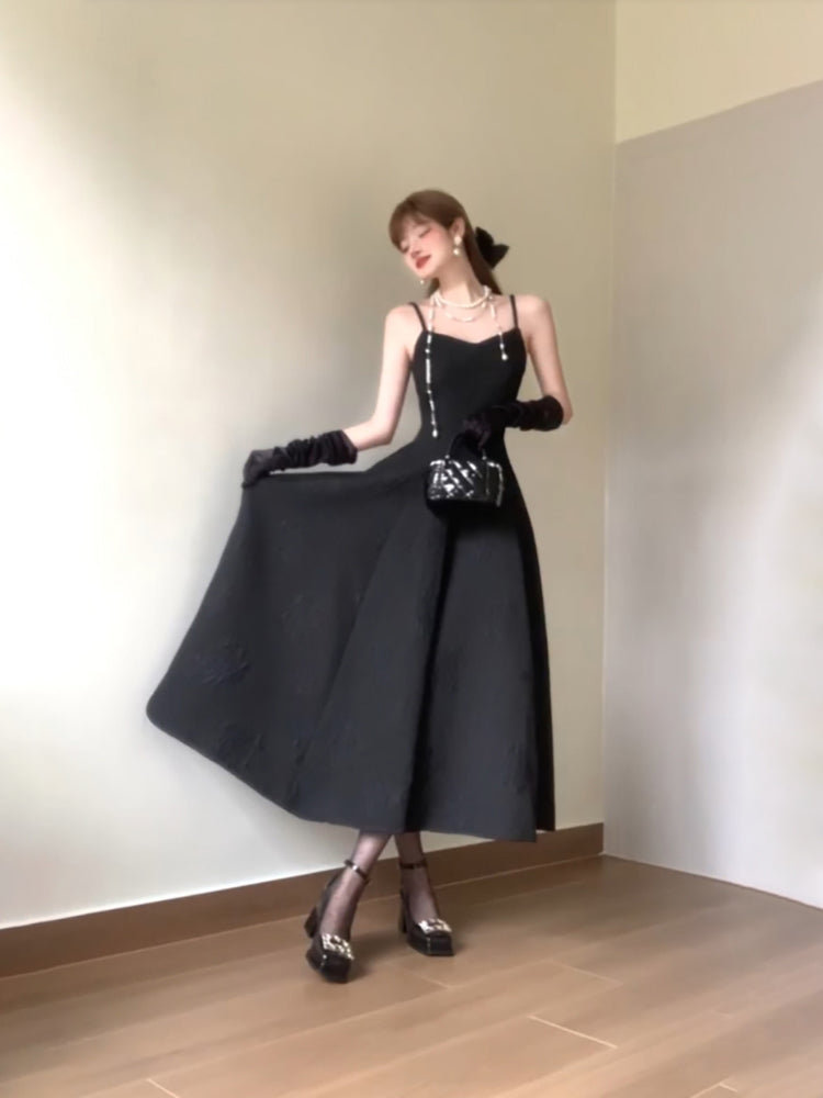 Sexy A line Spaghetti Straps Black Satin Women's Beach Dress Vacation Dresses Birthday Dress