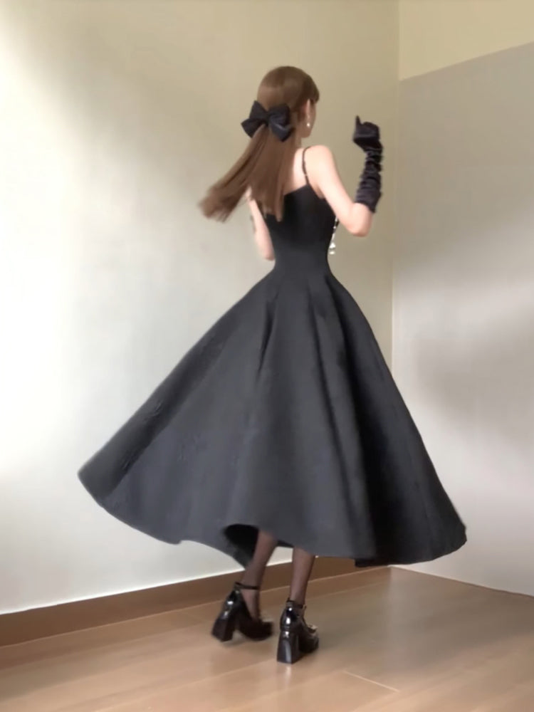 Sexy A line Spaghetti Straps Black Satin Women's Beach Dress Vacation Dresses Birthday Dress