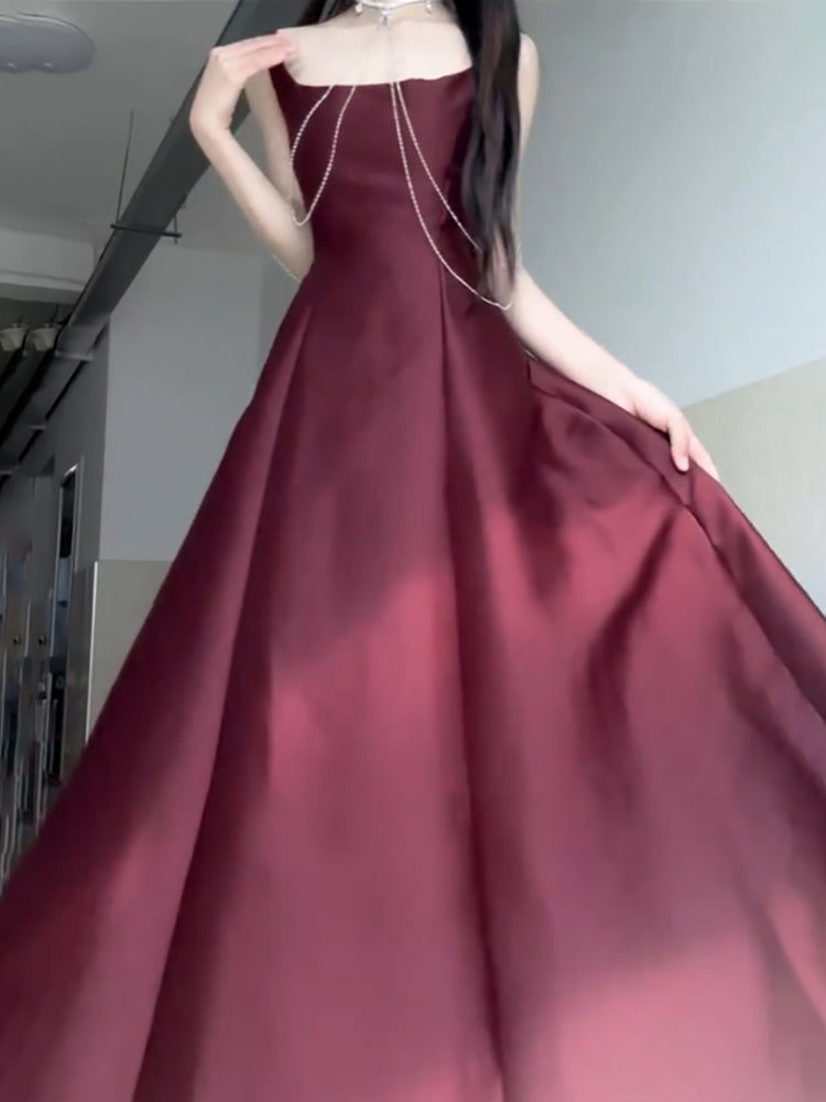 Sexy A line Square Neckline Sleeveless Women's Burgundy Holiday Dress Vacation Dresses Birthday Dress