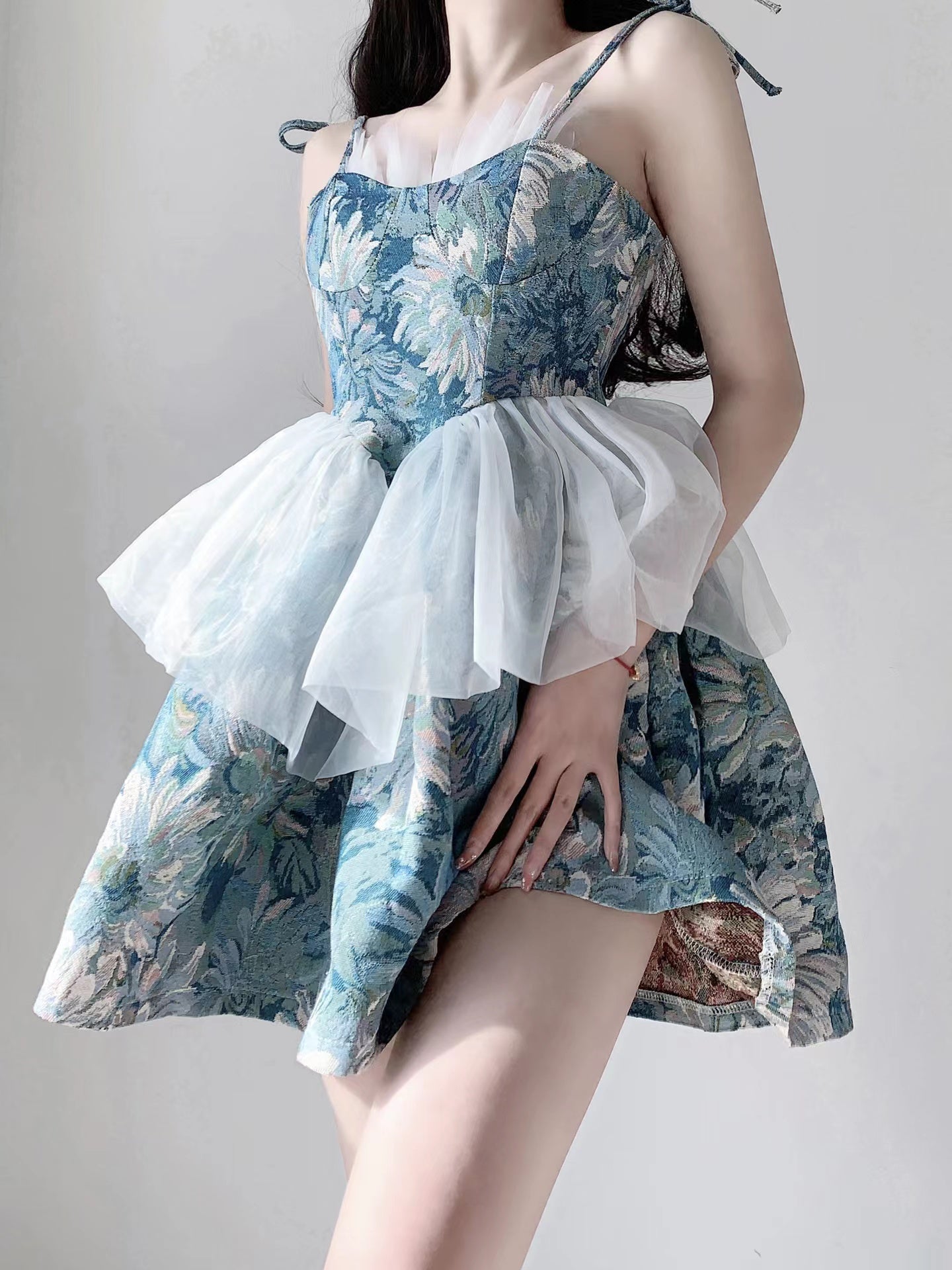 Simple Ball Gown Spaghetti Straps Blue Satin Floral Holiday Dress Birthday Dresses Birthday Outfits
