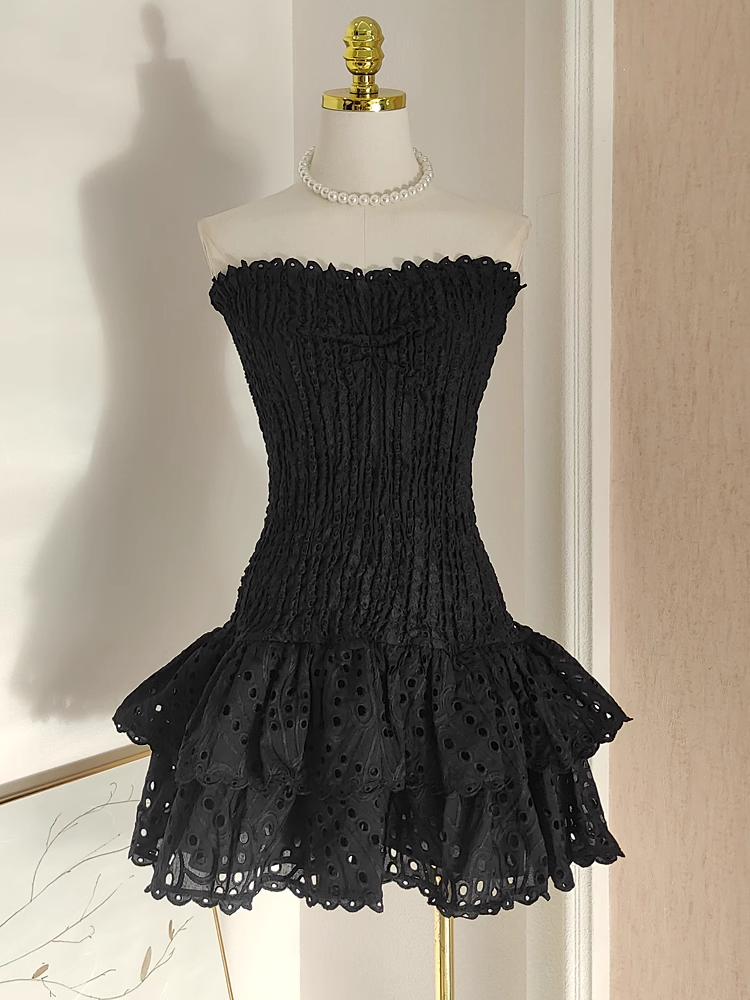 Cute Sheath Strapless Black Lace Vacation Dress Short Birthday Dresses