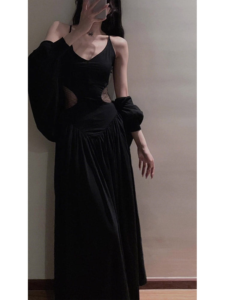 Sexy A line Spaghetti Straps Black Beach Dress Women's Vacation Dresses Birthday Dress