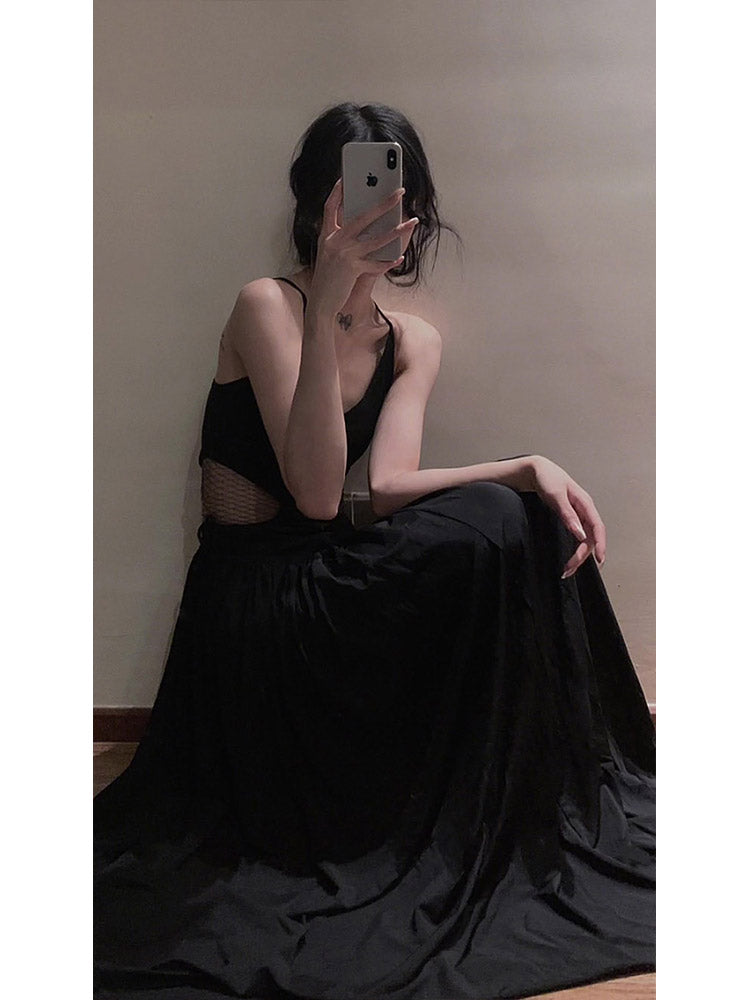 Sexy A line Spaghetti Straps Black Beach Dress Women's Vacation Dresses Birthday Dress