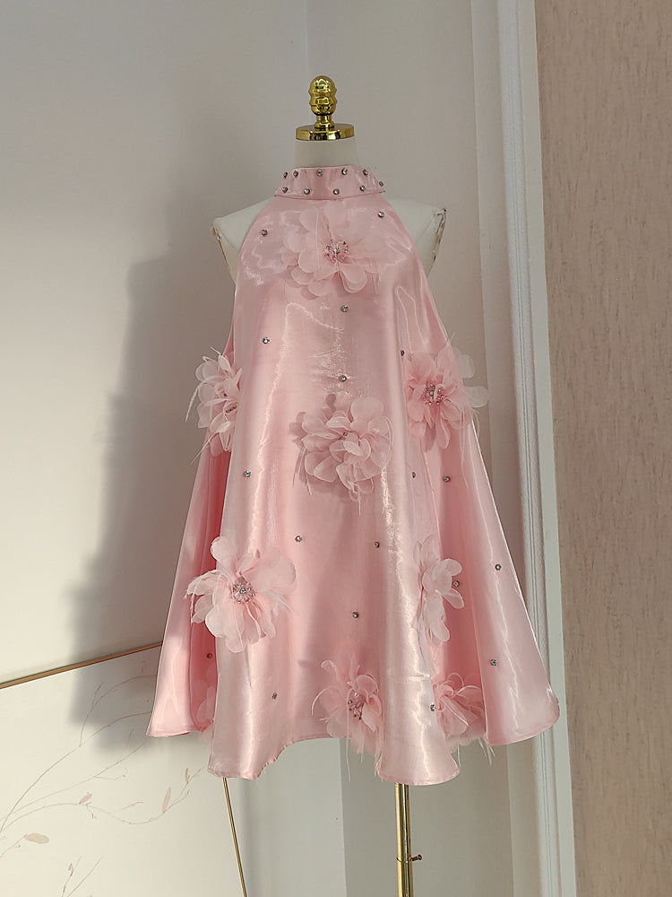 Cute A line Halter Pink Travel Vacation Dresses Short Satin Birthday Dress