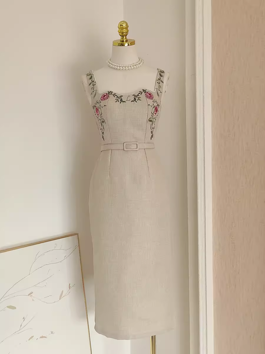 Cute Sheath Straps Champagne Tea Length Vacation Dress Women Dresses