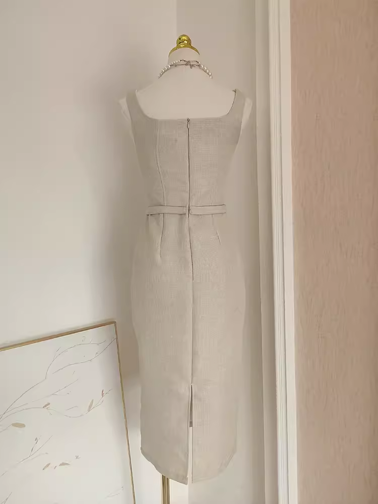Cute Sheath Straps Champagne Tea Length Vacation Dress Women Dresses