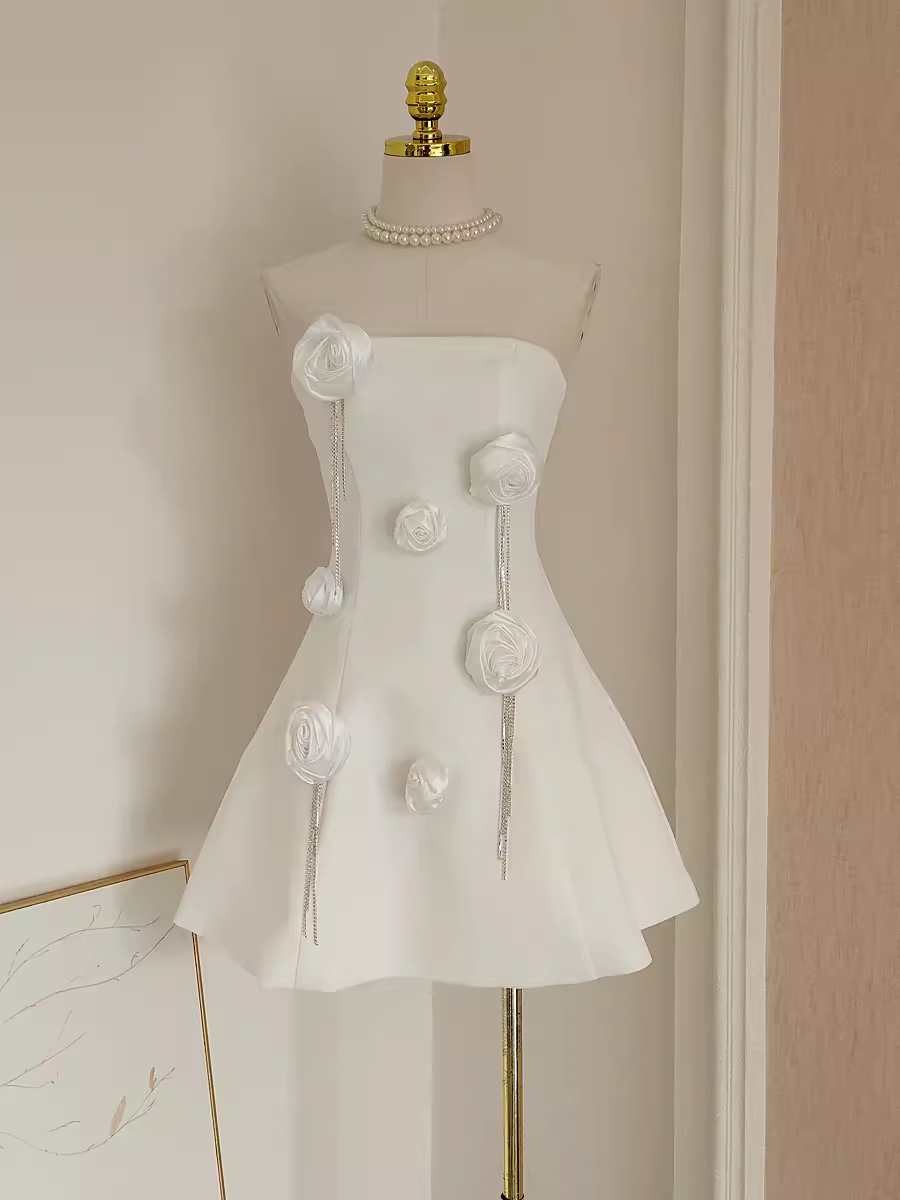 Cute A line Strapless Satin White Flowers Vacation Dress Women Short Dresses