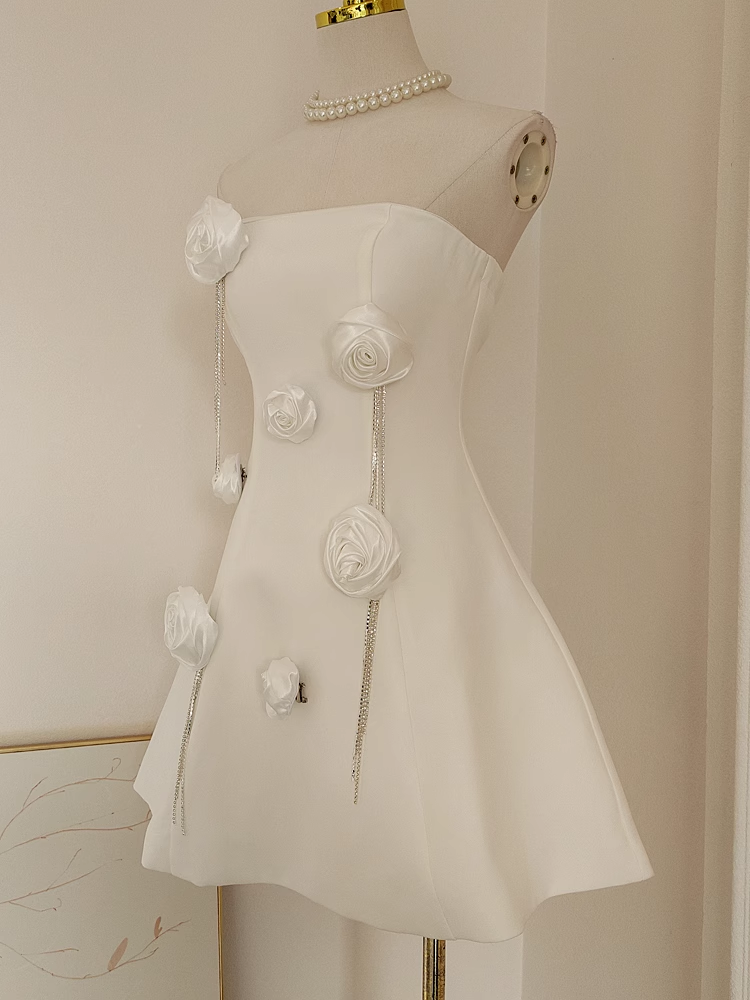 Cute A line Strapless Satin White Flowers Vacation Dress Women Short Dresses