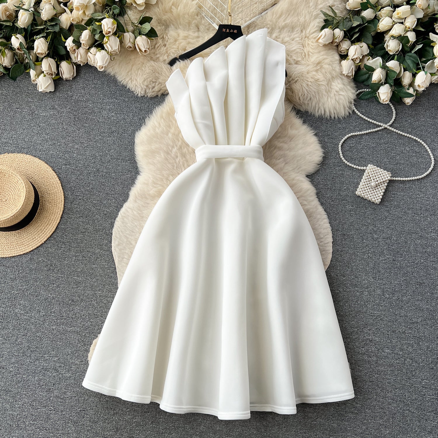 Simple A line One Shoulder Ruffles White Holiday Dresses Midi Length Women's Dress
