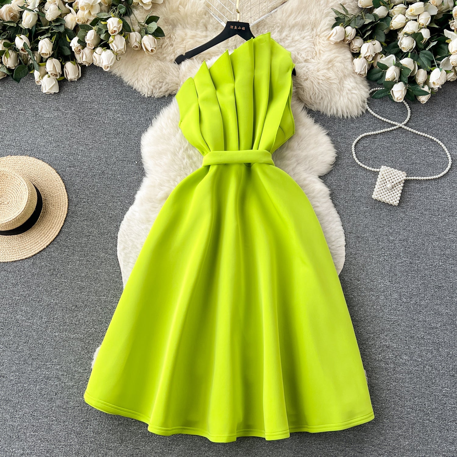 Simple A line One Shoulder Ruffles Bud Green Holiday Dresses Midi Length Women's Dress