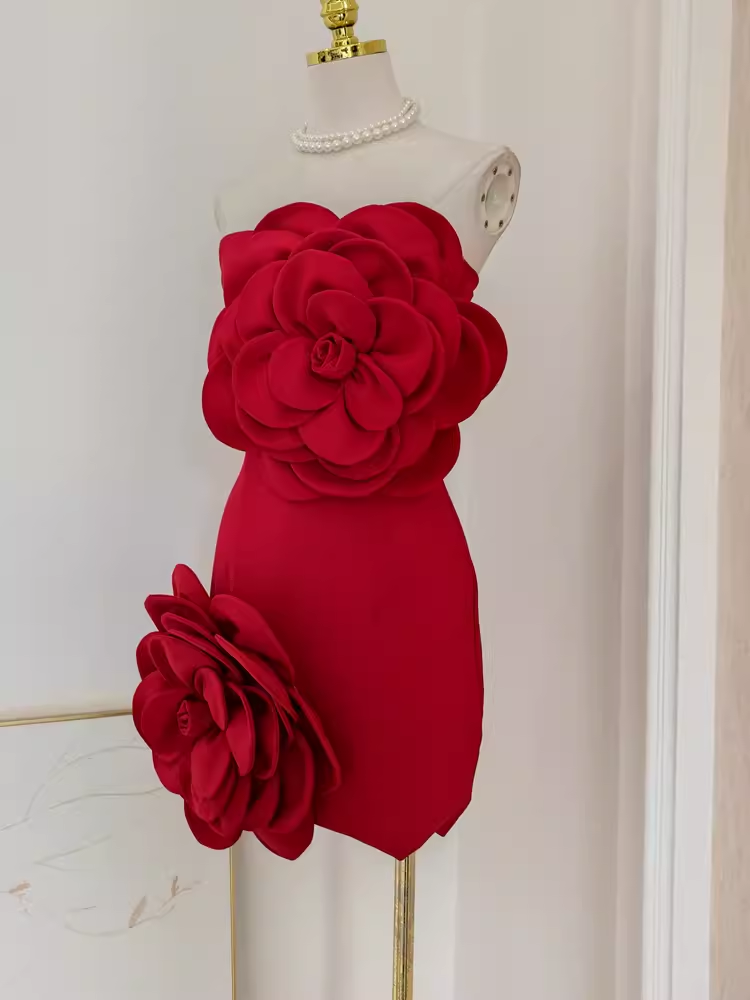 Simple Sheath Strapless Red Satin Travel Vacation Dress Short Birthday Dress