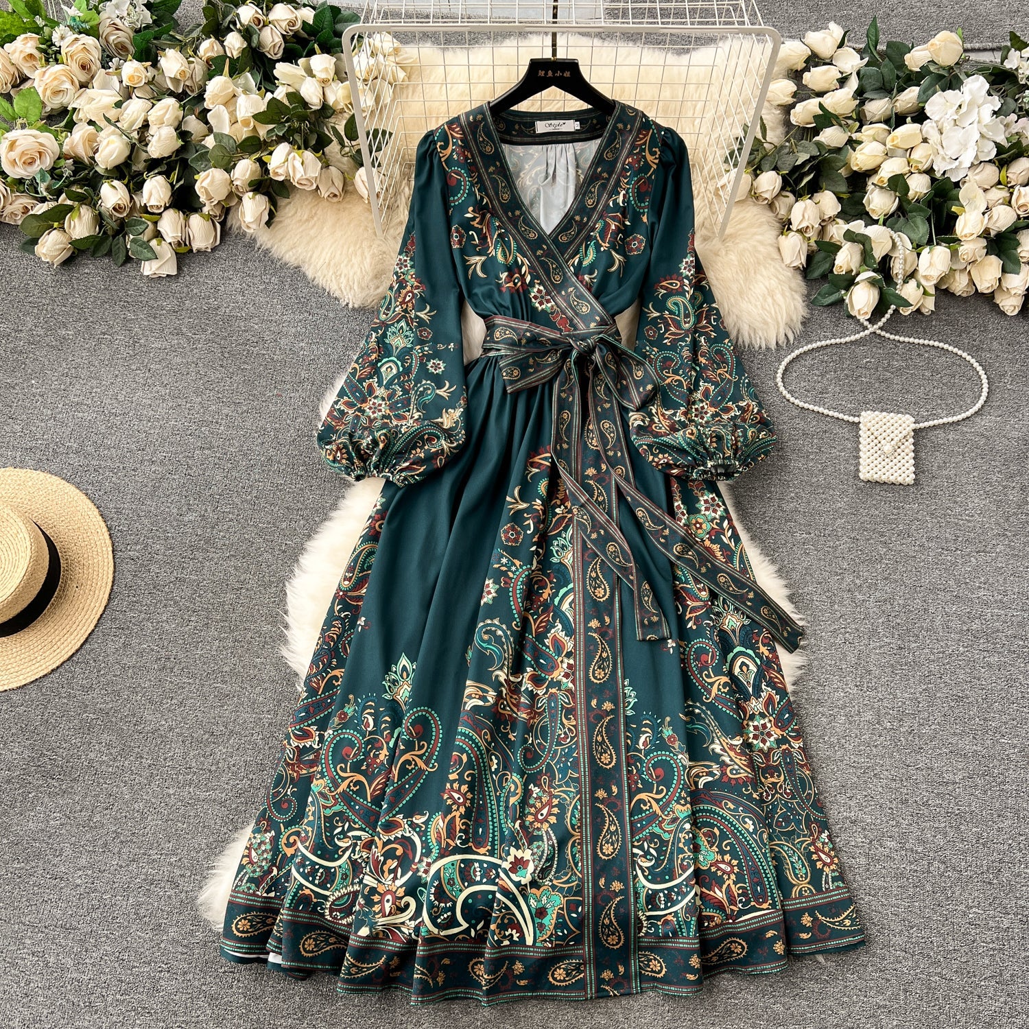 Chic A line Long Sleeves Green Floral Holiday Dresses Autumn Women's Dress