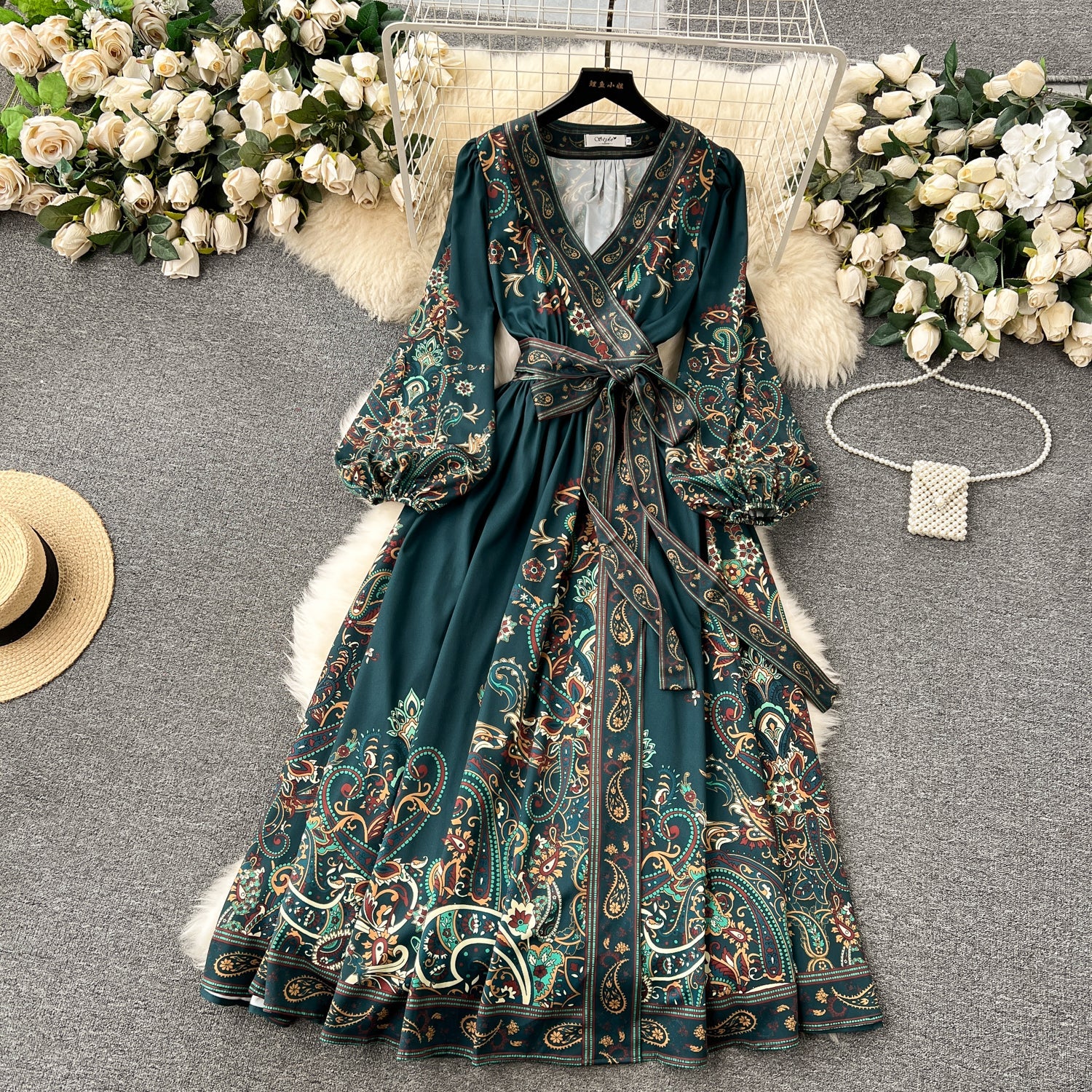 Chic A line Long Sleeves Green Floral Holiday Dresses Autumn Women's Dress