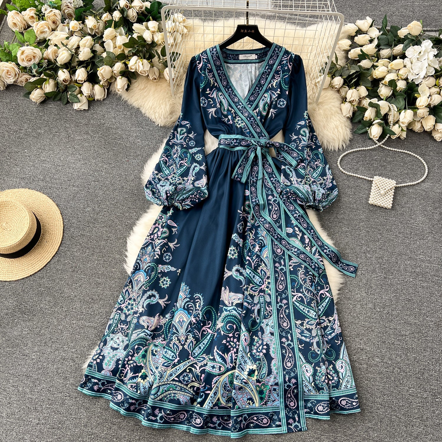 Chic A line Long Sleeves Blue Floral Holiday Dresses Autumn Women's Dress