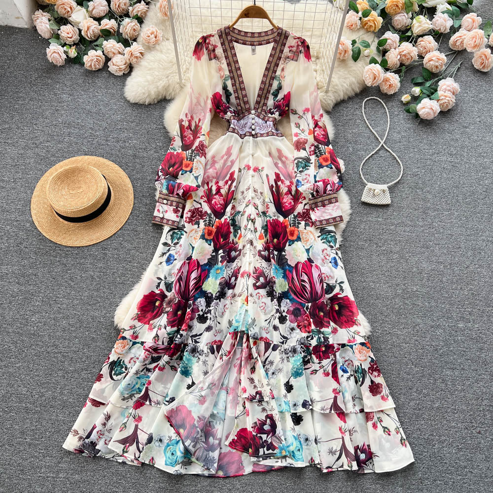 Chic A line Long Sleeves Pink Floral Holiday Dresses Women's Dress