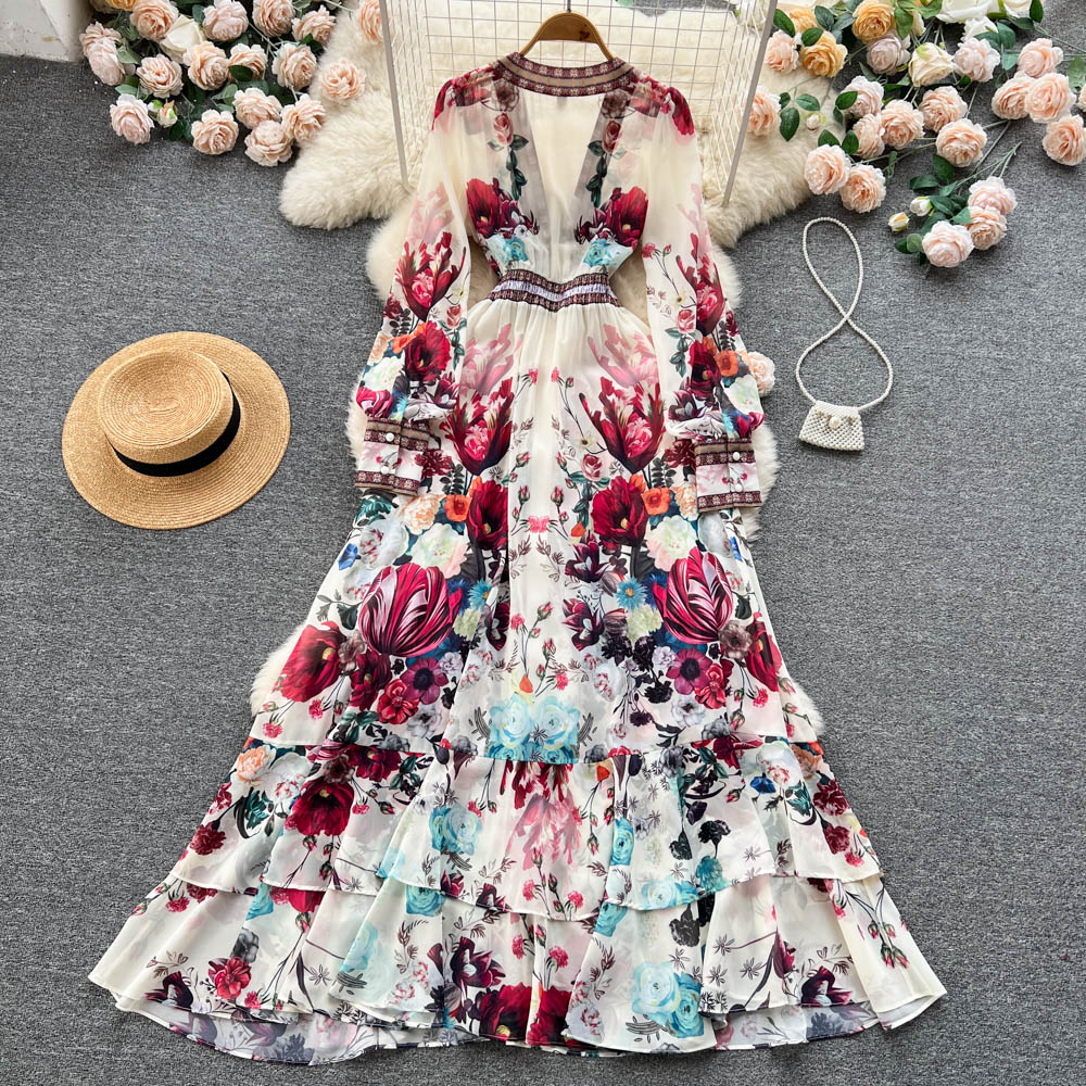 Chic A line Long Sleeves Pink Floral Holiday Dresses Women's Dress