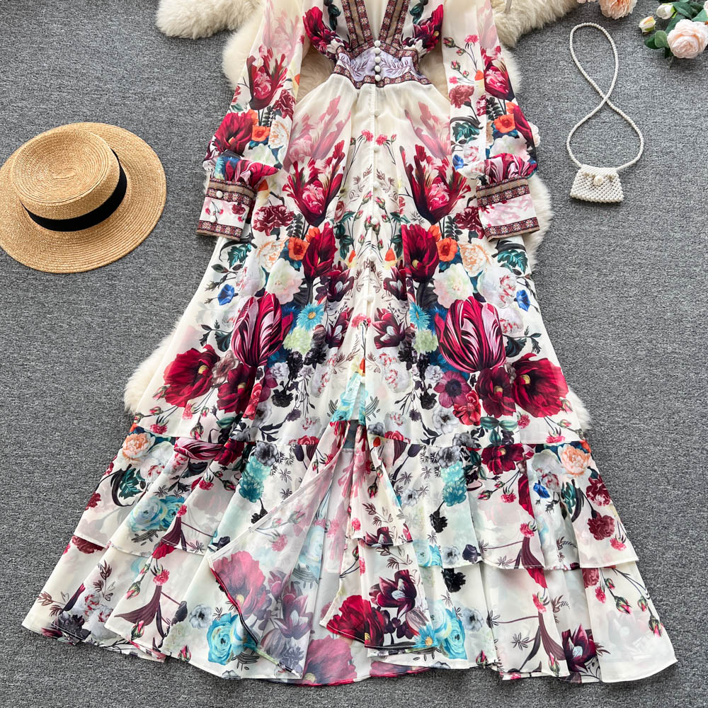 Chic A line Long Sleeves Pink Floral Holiday Dresses Women's Dress