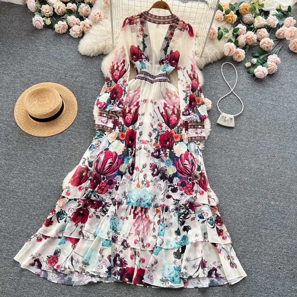 Chic A line Long Sleeves Pink Floral Holiday Dresses Women's Dress