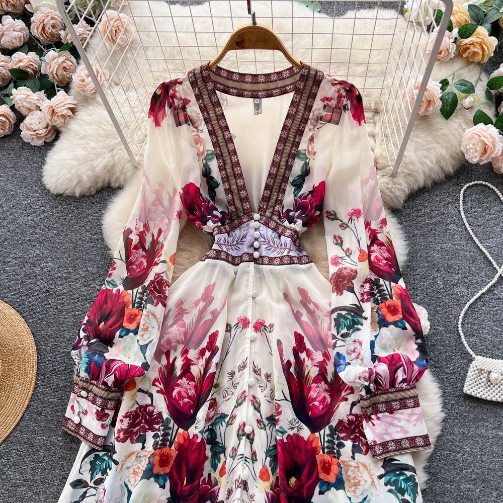 Chic A line Long Sleeves Pink Floral Holiday Dresses Women's Dress