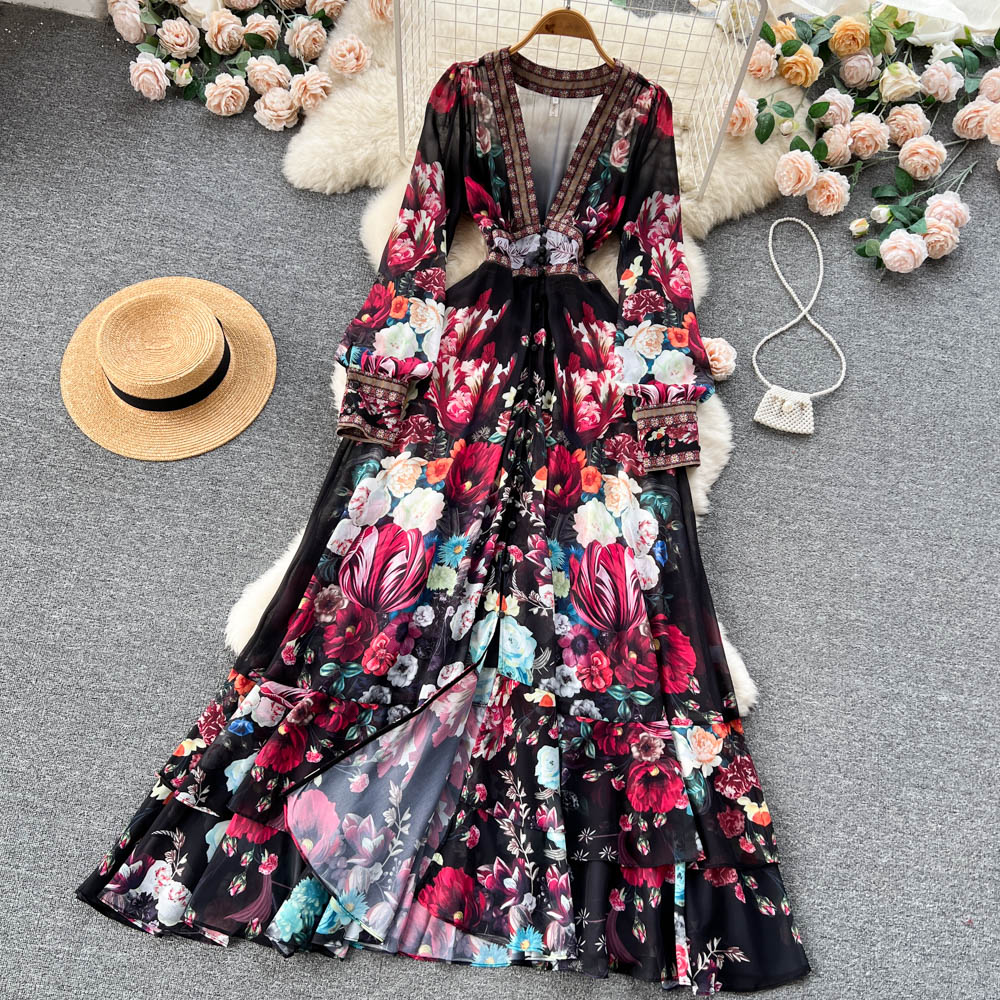 Chic A line Long Sleeves Black Floral Holiday Dresses Women's Dress