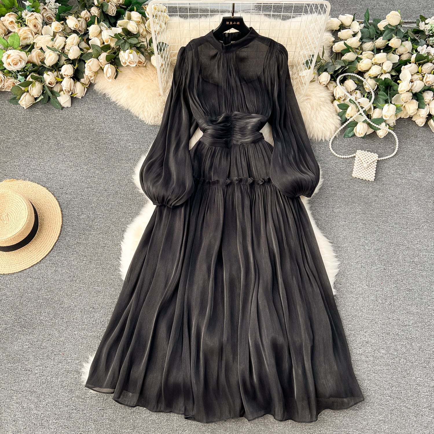 Vintage A line Scoop Long Sleeves Black Holiday Dresses Women's Dress