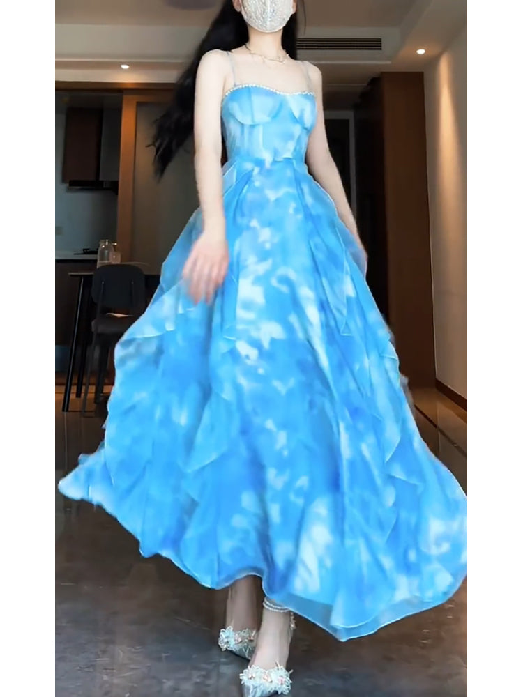 Sexy A line Spaghetti Straps Blue Holiday Dress Chiffon Birthday Dresses Birthday Outfits