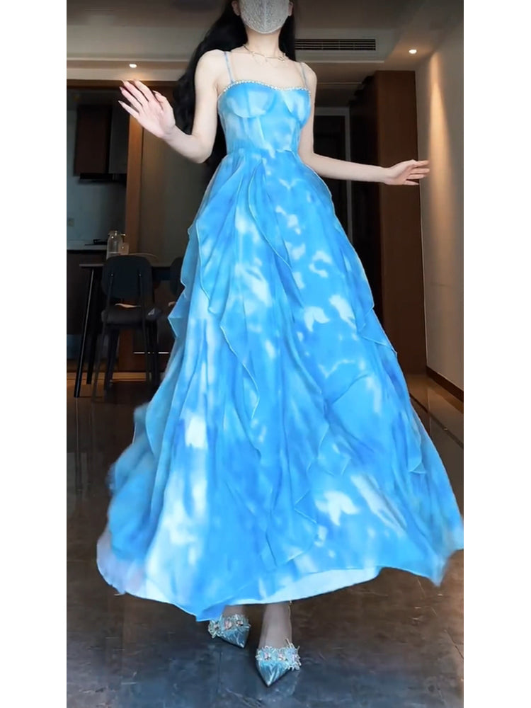 Sexy A line Spaghetti Straps Blue Holiday Dress Chiffon Birthday Dresses Birthday Outfits