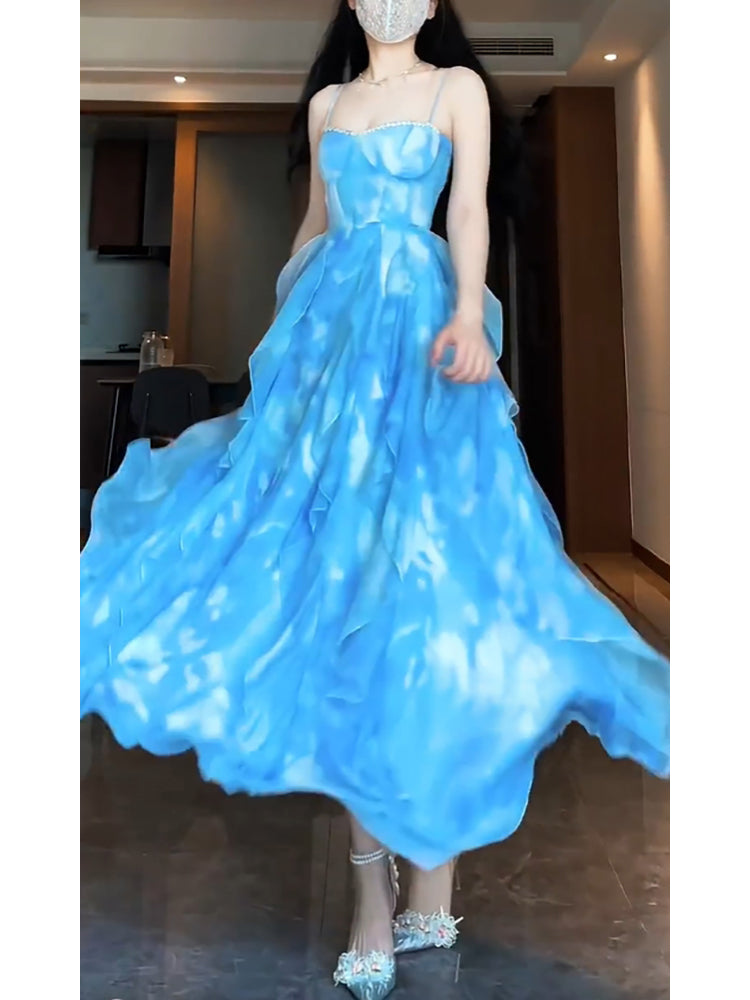Sexy A line Spaghetti Straps Blue Holiday Dress Chiffon Birthday Dresses Birthday Outfits